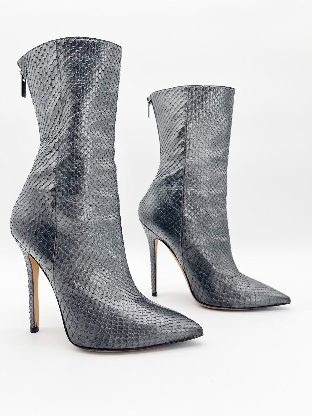 Jimmy Choo Metallic Gunmetal Silver Snakeskin Pointed Toe Stiletto Boots IT 39